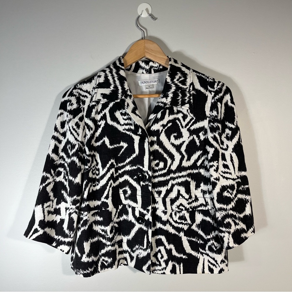 Pendleton Linen Blend Blazer Black White Geometric Pattern Size Small